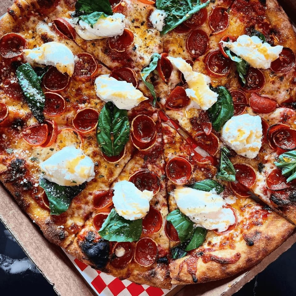 Coldpizza's pepperoni pizza with fresh basil, ricotta cheese, and a crispy crust in a box.